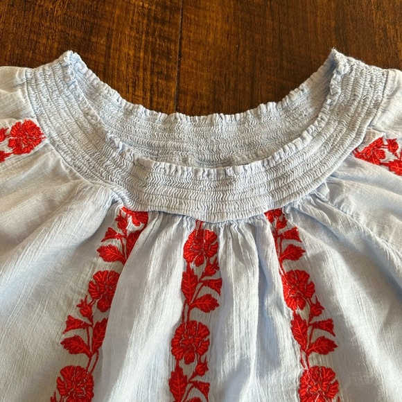 Liz Claiborne | Light Blue 100% Cotton Boho Blouse with Red Floral Embroidery - Picture 2 of 5